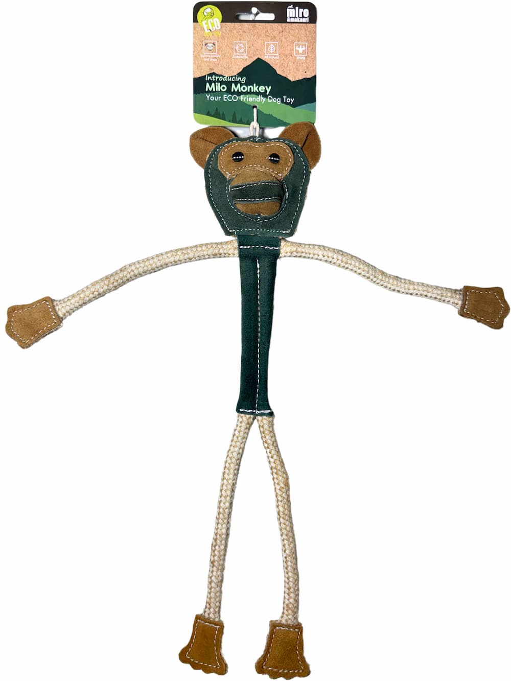 Miro & Makauri Milo Monkey eco leather tug dog toy — 40cm monkey-shaped toy in genuine leather and natural jute rope