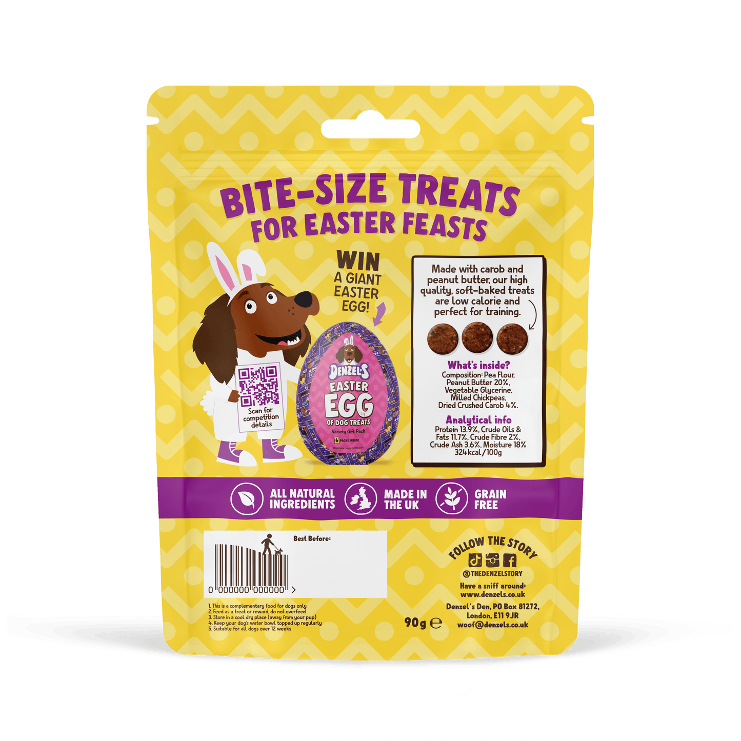 Rear pack shot of Denzel's Easter Chocolate Buttons for dogs showing carob and peanut butter flavour and bite-sized Easter treats
