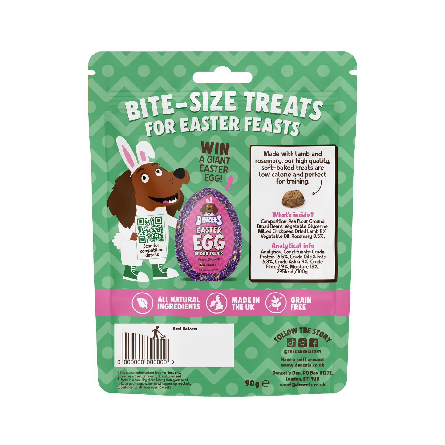 Rear pack shot of Denzel's Easter Nibbles for dogs showing lamb and rosemary flavour and bite-sized Easter treats