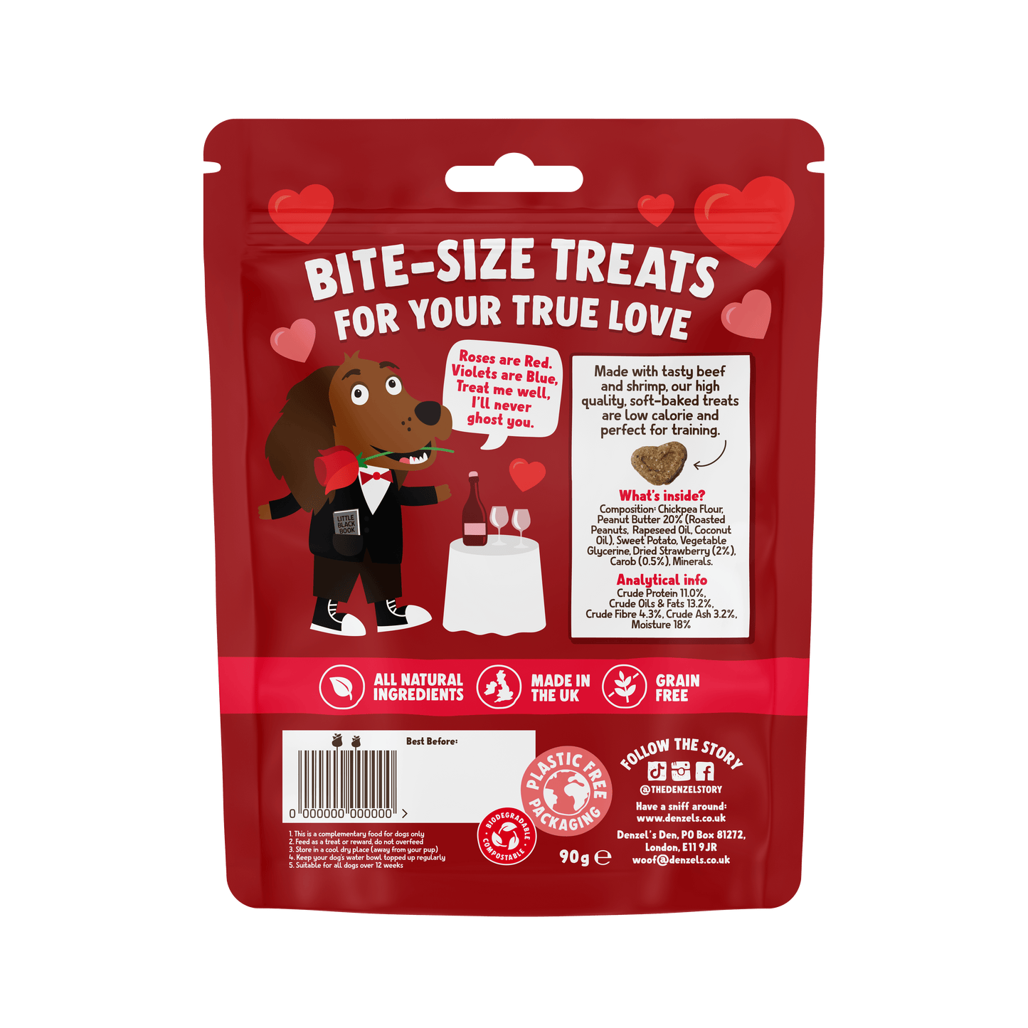 Ingredients and nutritional information on Denzel’s Valentine’s Hearts dog treats
