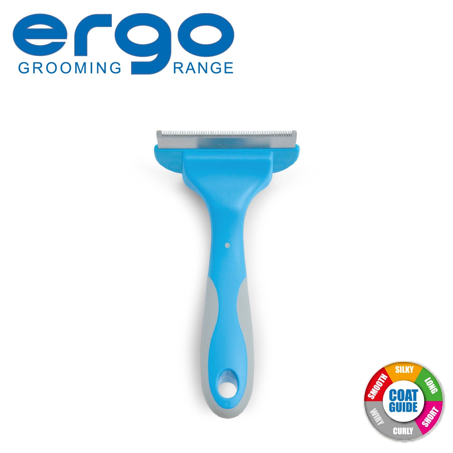 Ancol Ergo Shedmaster grooming tool for dogs shown on white background with coat type guide, ideal for de-shedding and removing loose undercoat hair.