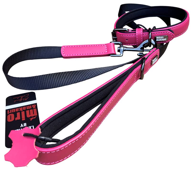 Miro & Makauri Milford pink leather dog lead and matching collar with padded neoprene handle and metal fittings.