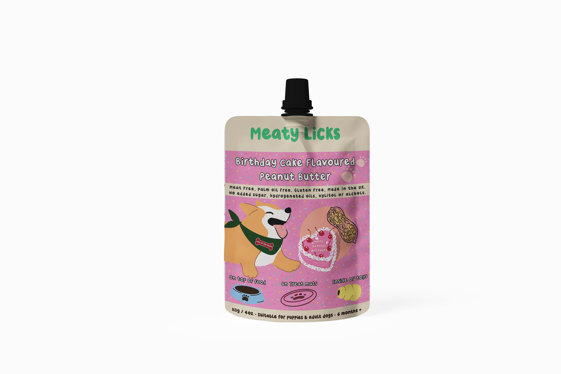 Meaty Licks Birthday Cake Flavoured Peanut Butter for Dogs – pink 113g pouch with fun sprinkle design.