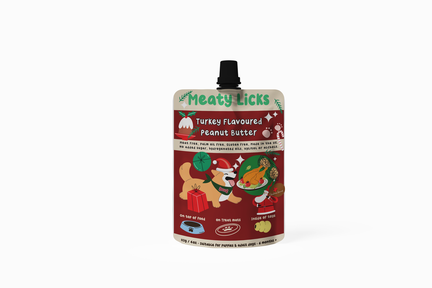 Meaty Licks Roast Turkey Flavoured Peanut Butter for Dogs – 113g festive pouch with Christmas design and natural ingredients label.