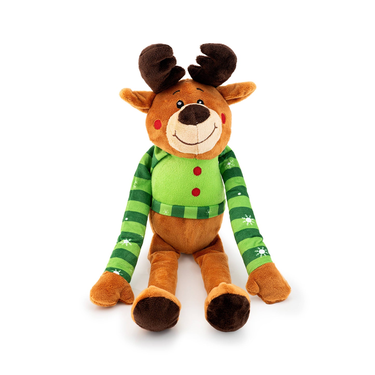 Shaker Reindeer Holiday Dog Toy with long green striped limbs and plush reindeer head