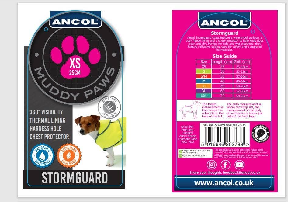 Stormguard all weather dog coat packaging showing waterproof, reflective and fleece features
