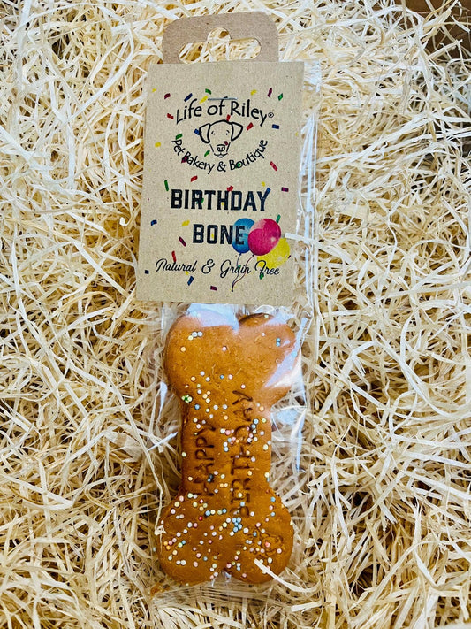 Packaged Life of Riley Birthday Bone – natural grain-free dog treat for gifting