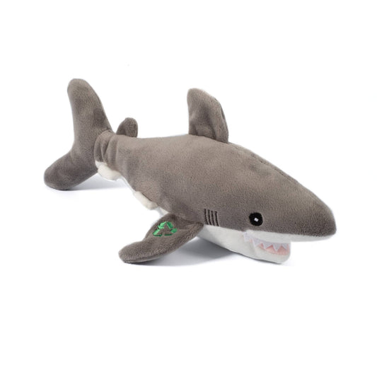 Made From Shark Dog Toy, eco-friendly plush made from 100% recycled fabrics with bottle stuffing, squeaker, and textures.