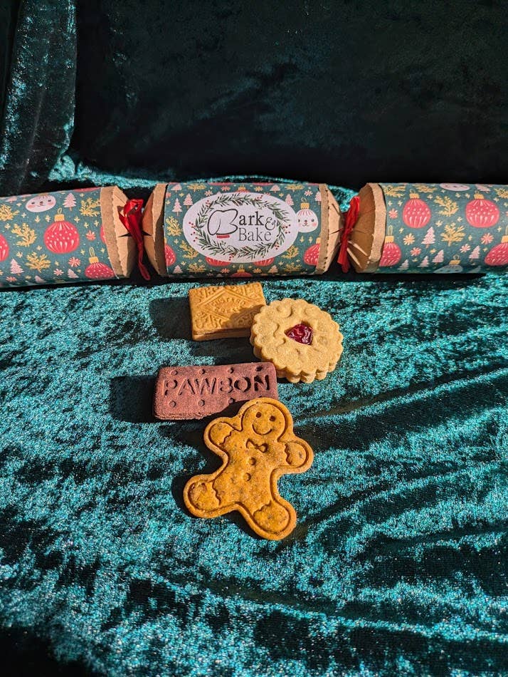 Bark & Bake Filled Christmas Cracker for dogs with festive label
