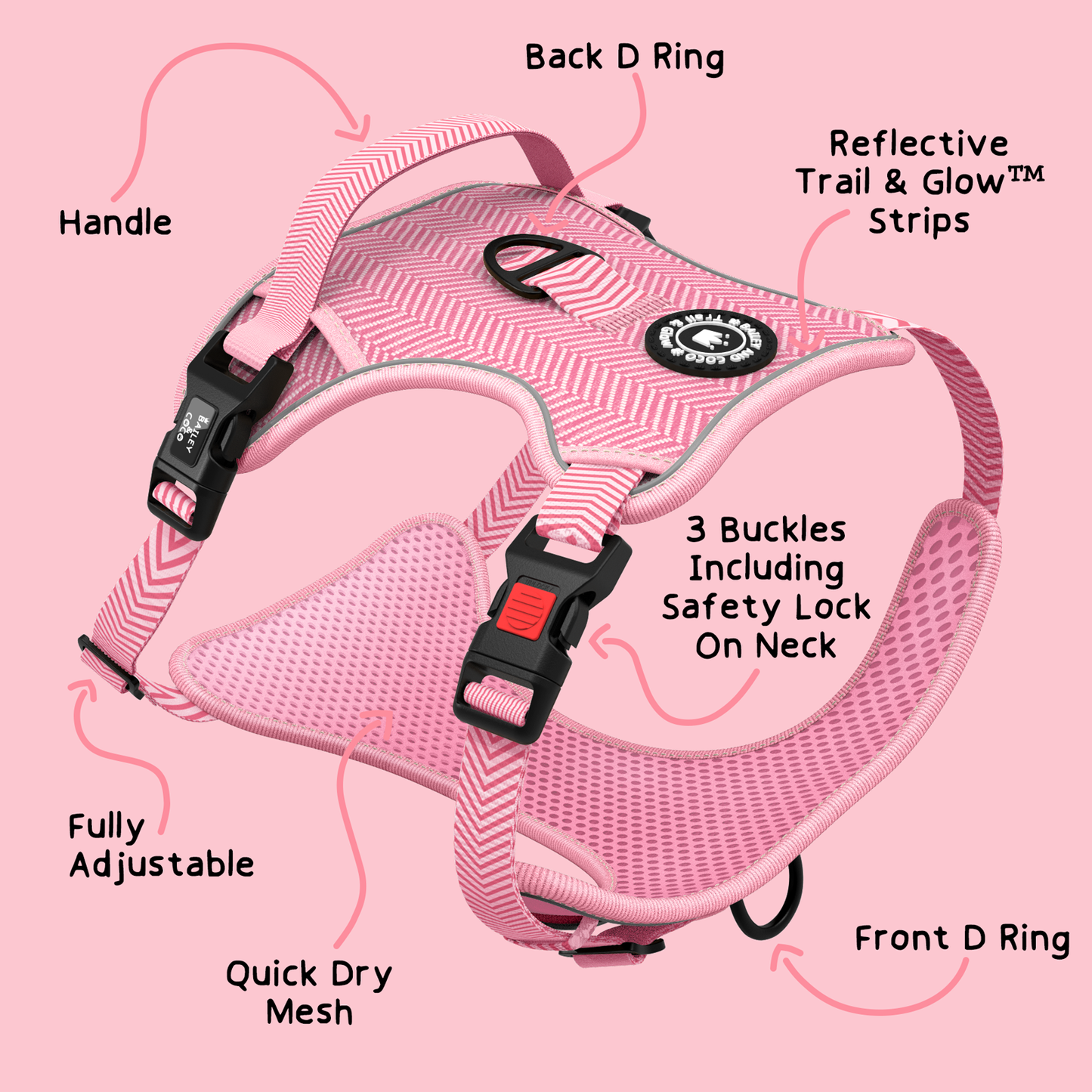 Trail & Glow® No Pull Dog Harness – Bubblegum Pink Tweed (Reflective, Adjustable, Easy-Fit)
