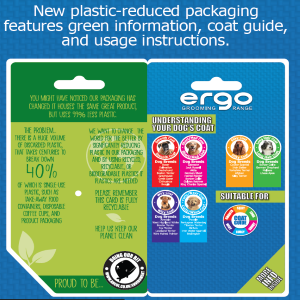 Ergo pet product packaging with green and blue design, featuring text and icons.