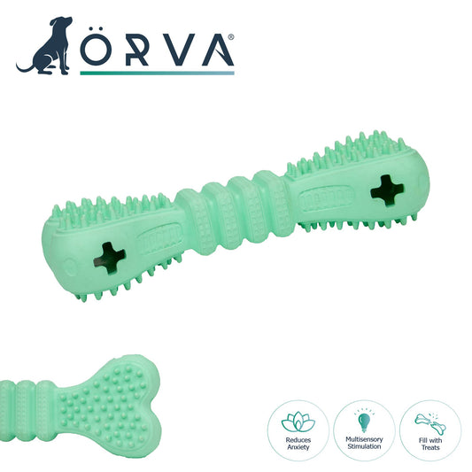 Green dog toy with textured surface and ORVA branding on a white background