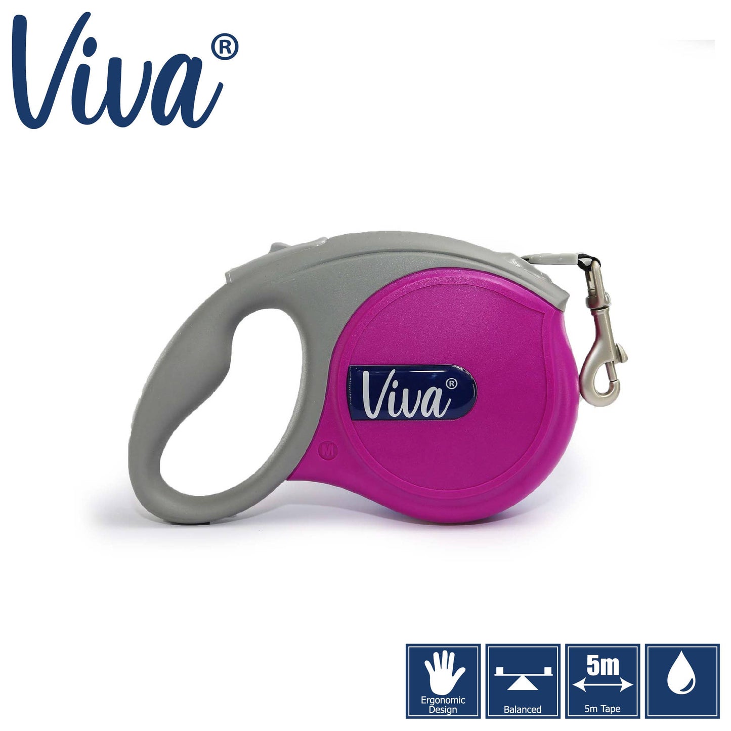 Viva retractable dog leash with purple reel and gray handle on a white background