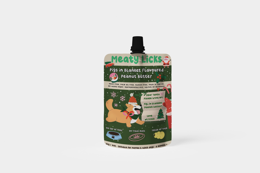 Meaty Licks Pigs in Blanket Flavoured Peanut Butter Pouch – 113g (Vegan, Gluten-Free, Made in the UK)