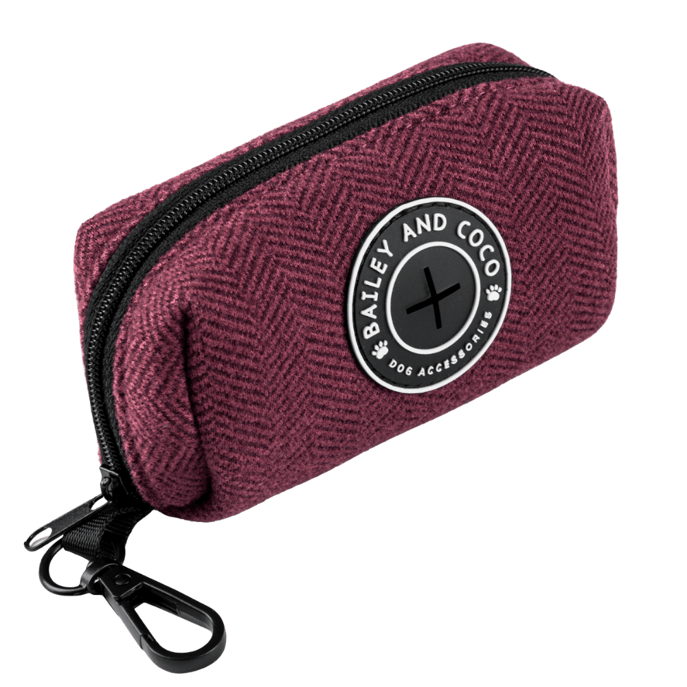 Bailey & Coco poo bag holder in Mulberry Tweed — D-ring lead attachment