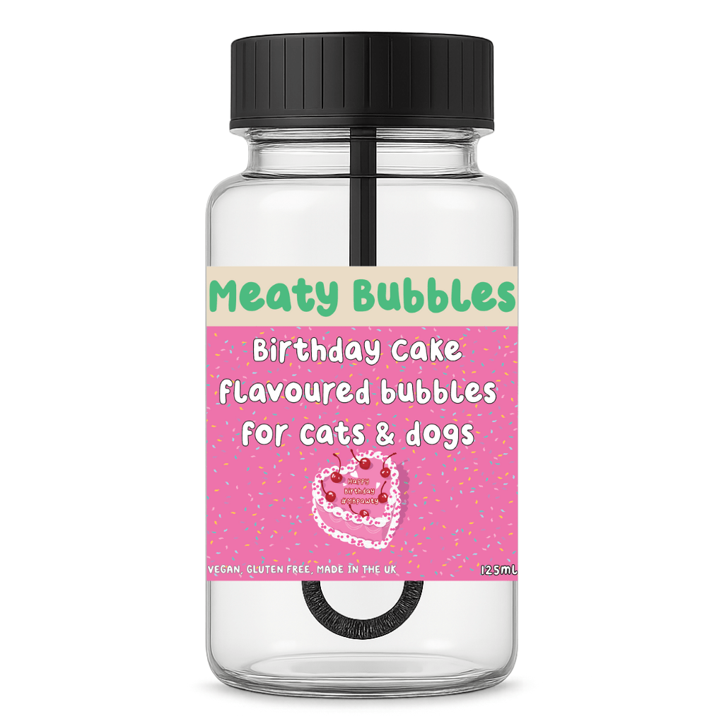 Meaty Bubbles Birthday Cake 125ml – Flavoured Bubbles for Dogs & Cats - Hairy Dogs (Cambs) Ltd