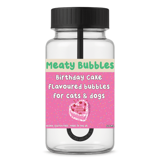 Meaty Bubbles Birthday Cake 125ml – Flavoured Bubbles for Dogs & Cats - Hairy Dogs (Cambs) Ltd
