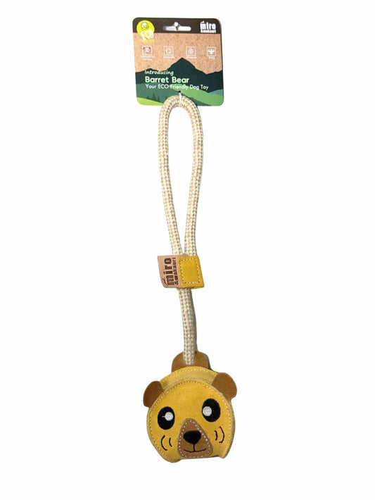Miro & Makauri Barret Bear eco leather ball and rope dog toy — bear-head leather ball on natural rope, 30cm rope and 9x9cm ball