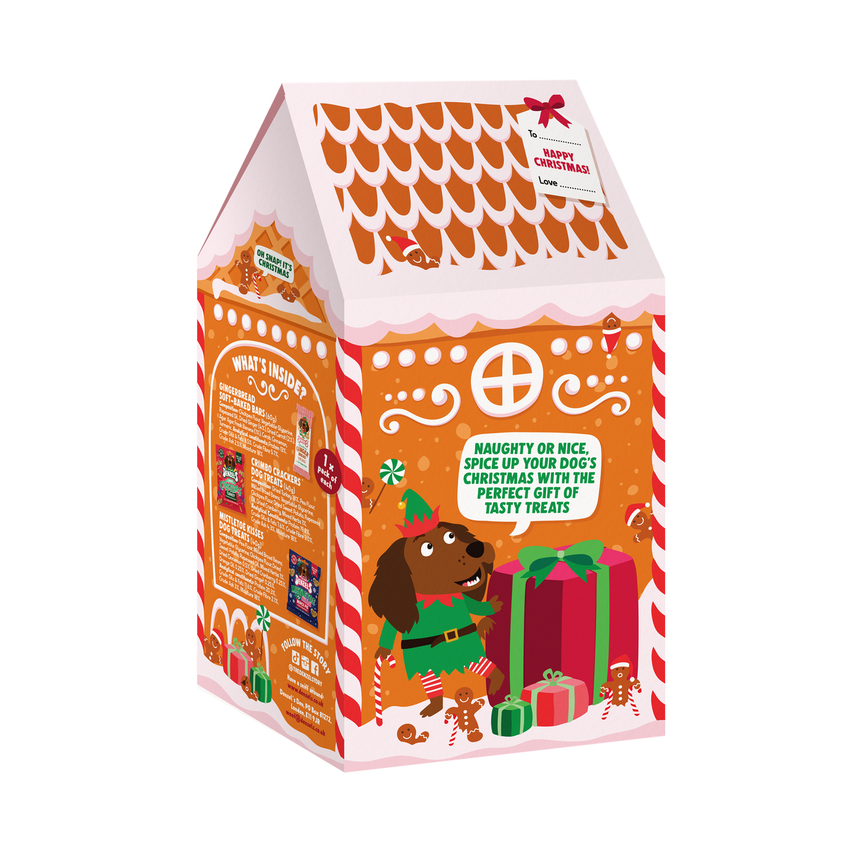 Denzel's Gingerbread House dog gift box – side view