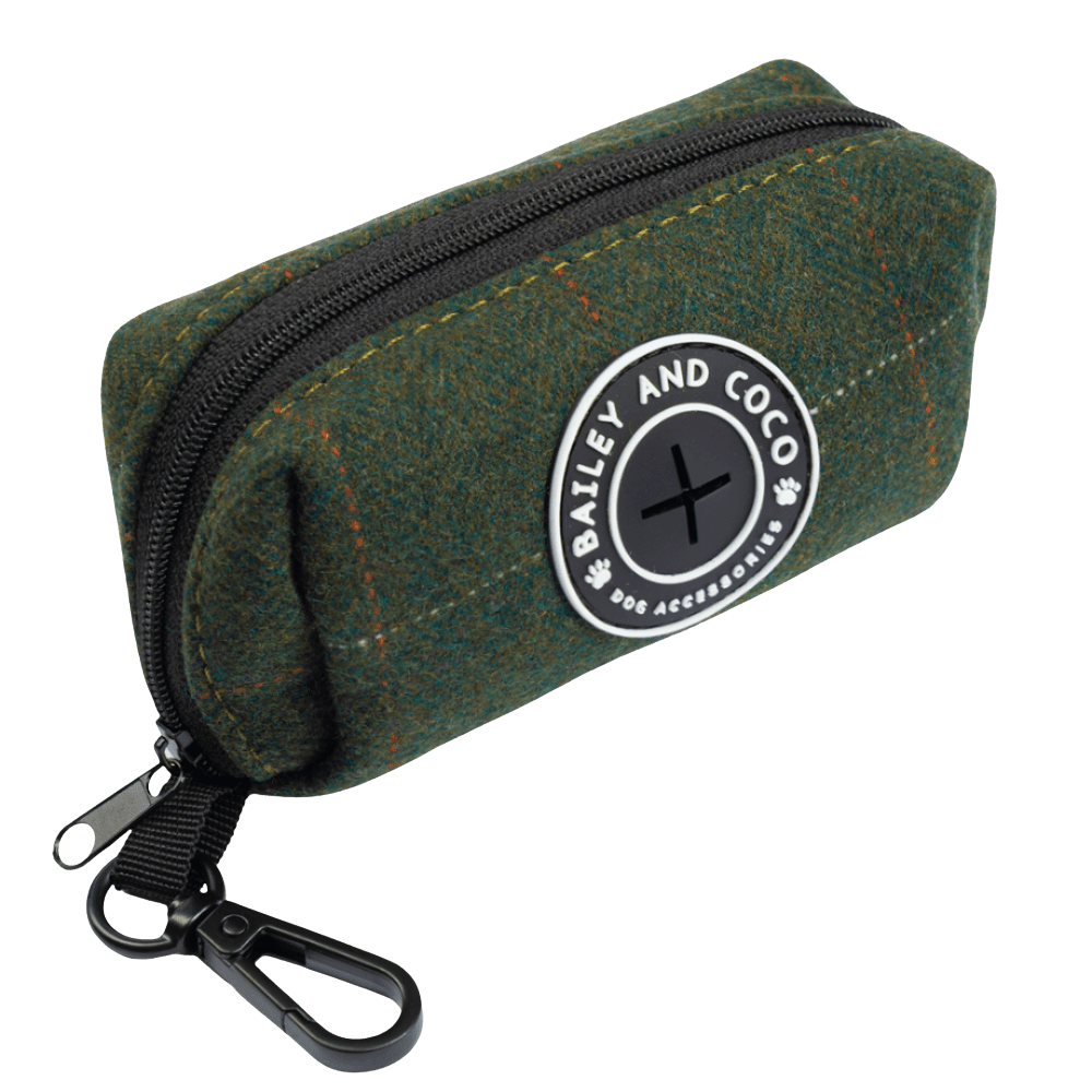 Bailey & Coco poo bag holder in Forest Tweed — D-ring lead attachment