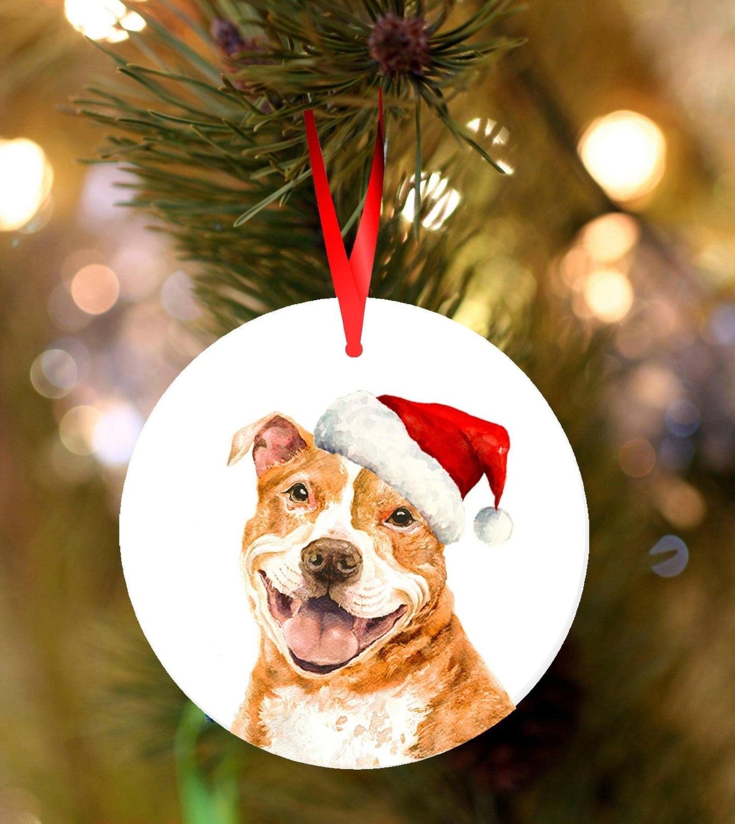Staffordshire Bull Terrier Christmas decoration, red design, ceramic bauble