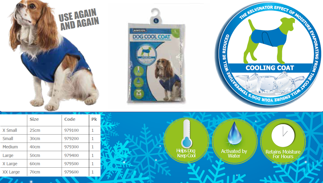 Ancol Ice Paws cooling coat size guide — back length and girth measurements for sizes XS to XXL