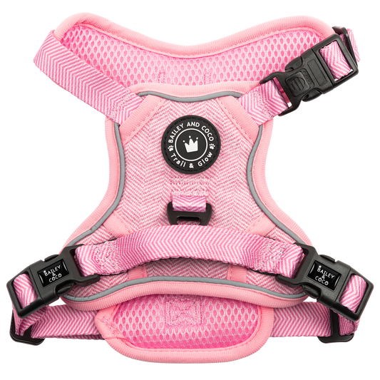 Trail & Glow® No Pull Dog Harness – Bubblegum Pink Tweed (Reflective, Adjustable, Easy-Fit)