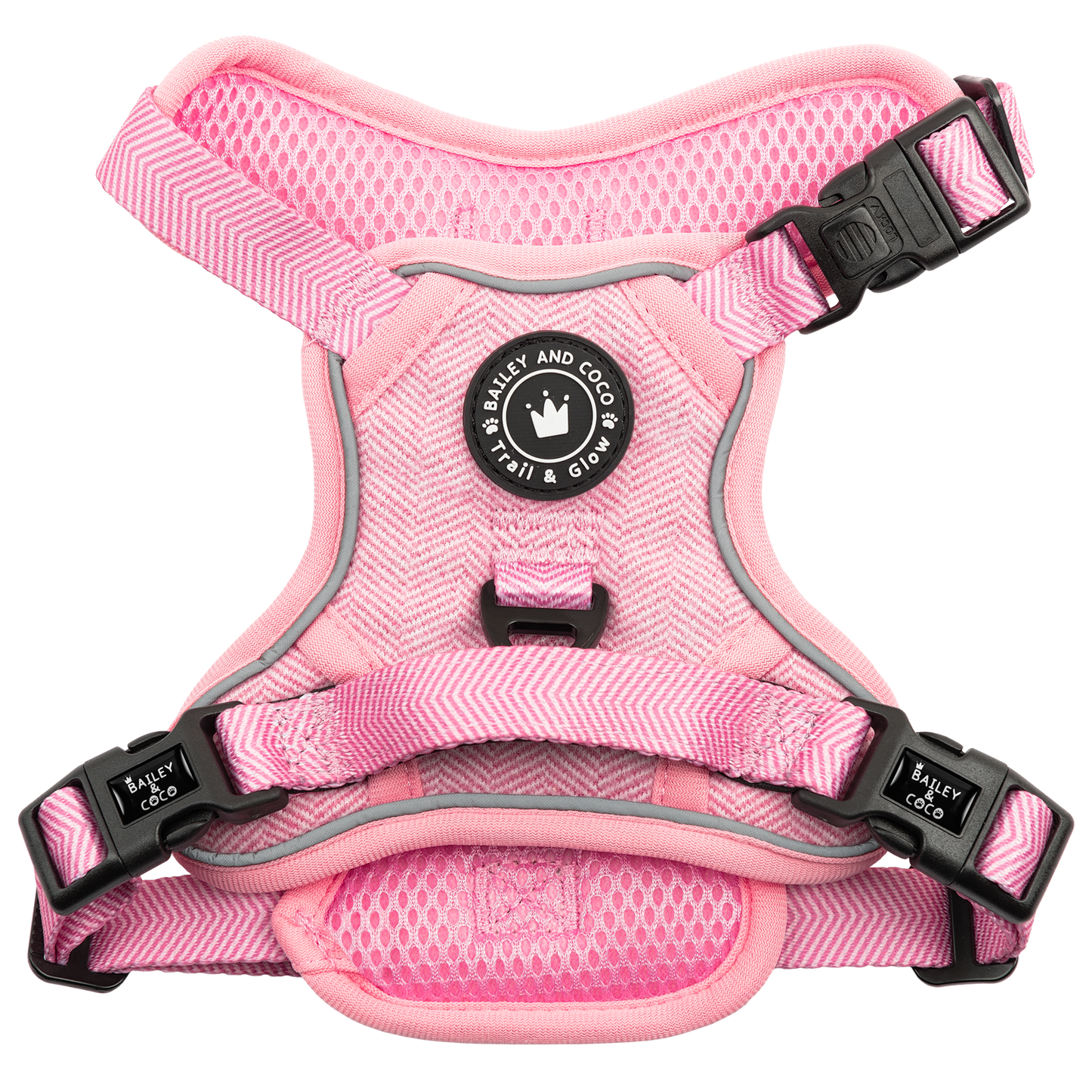 Bailey & Coco Trail & Glow harness in Bubblegum Pink — no-pull, reflective
