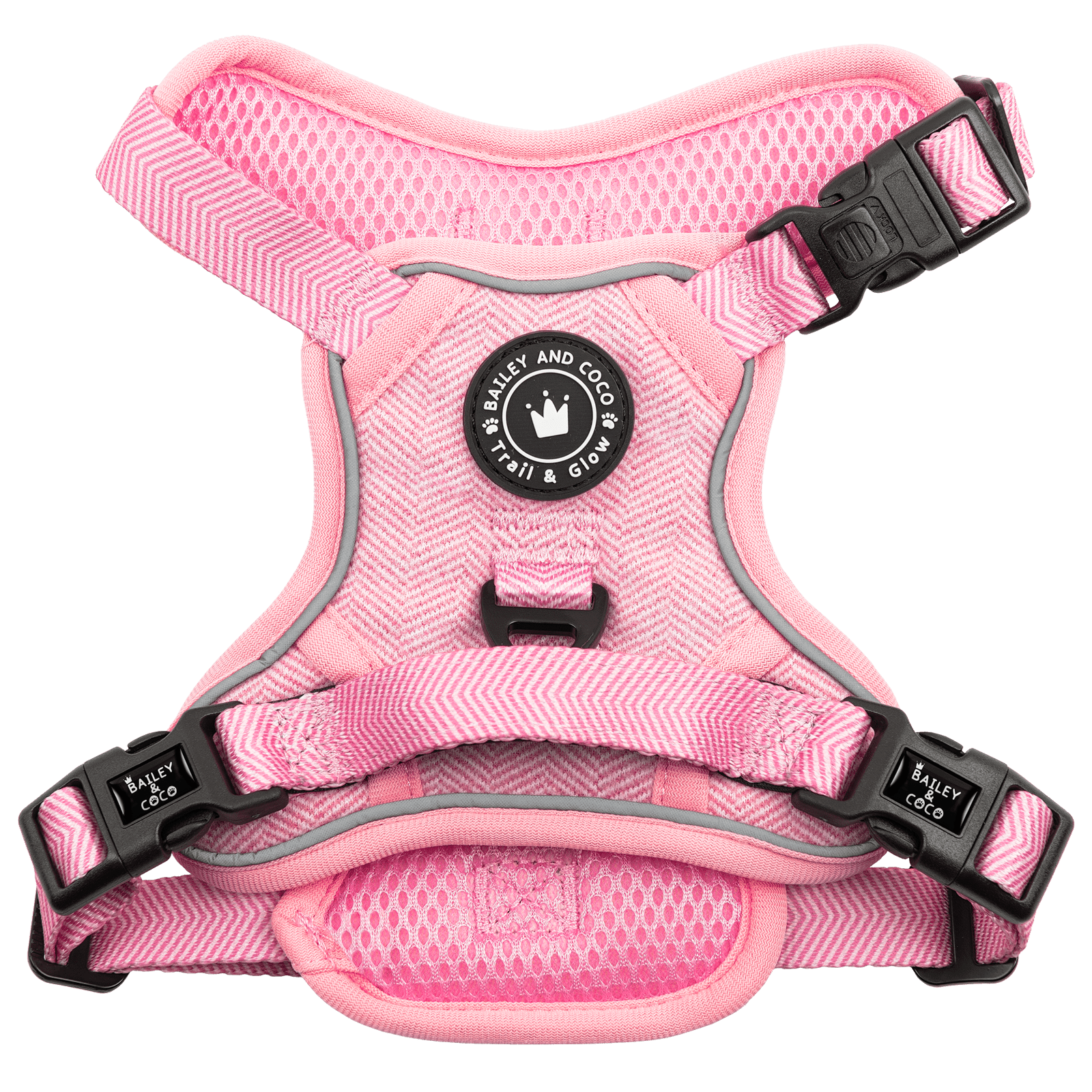 Bailey & Coco Trail & Glow harness in Bubblegum Pink — no-pull, reflective