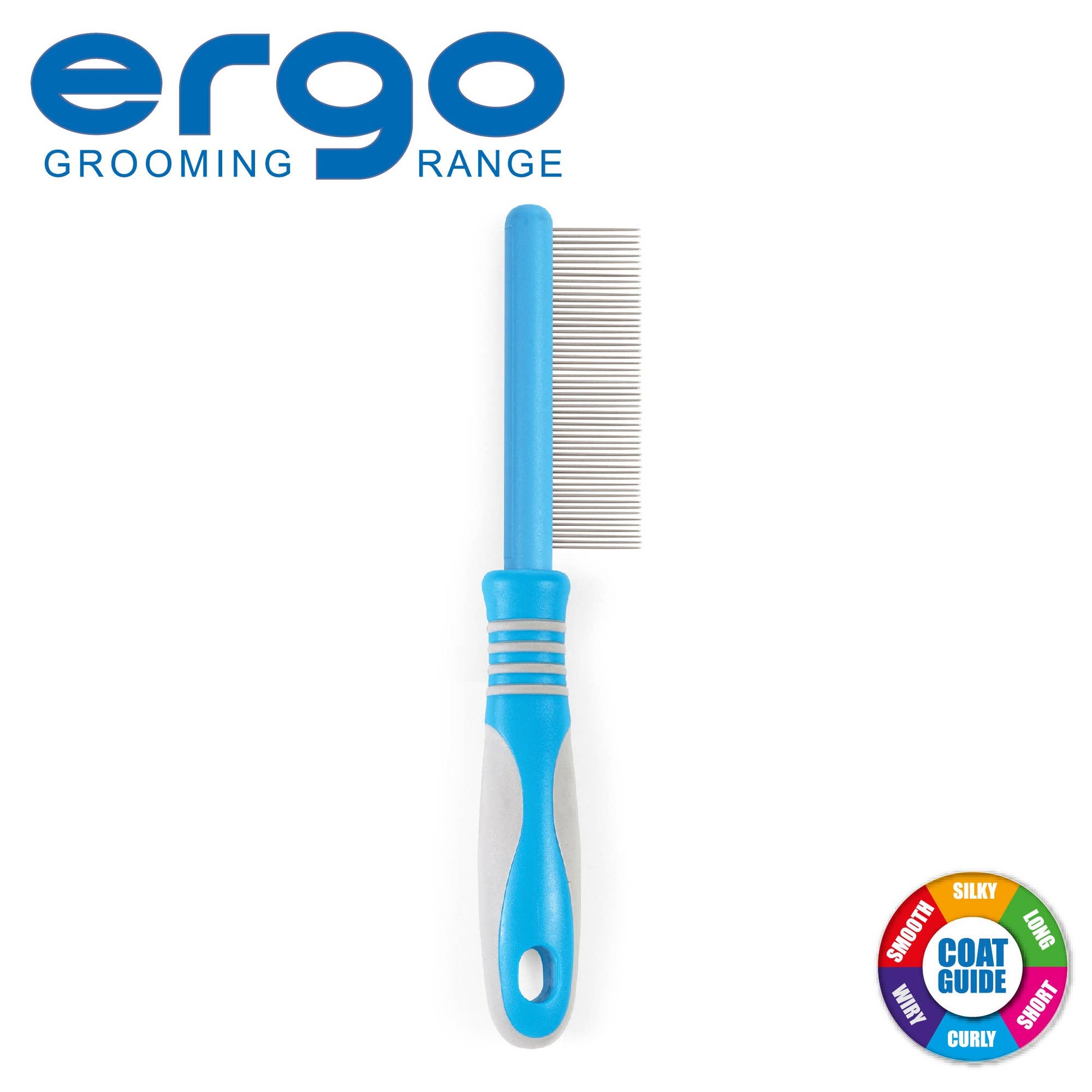 Blue Flea grooming comb with ergonomic handle on a white background, featuring the Ergo Grooming Range logo.