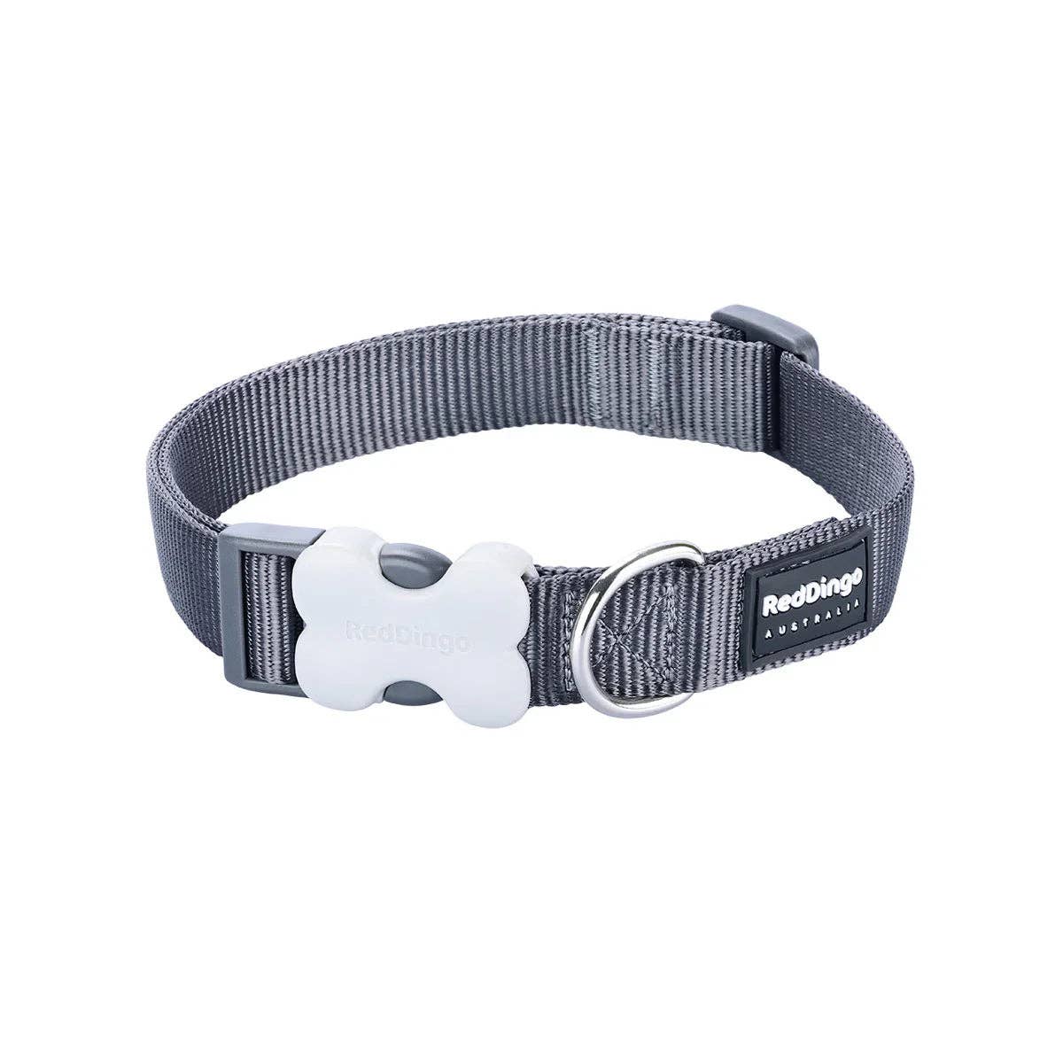 Red Dingo Classic dog collar in Cool Grey — Bucklebone buckle and stainless steel D-ring
