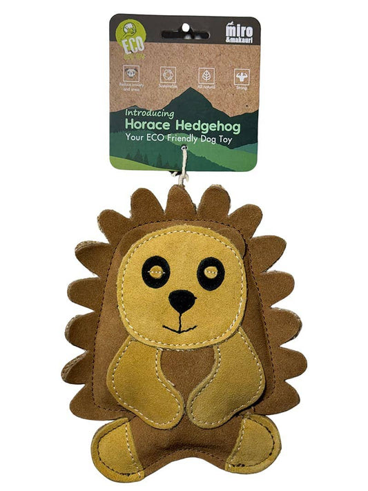 Miro & Makauri Horace Hedgehog eco leather dog toy — compact 20cm hedgehog-shaped toy in genuine leather with coconut-fibre filling