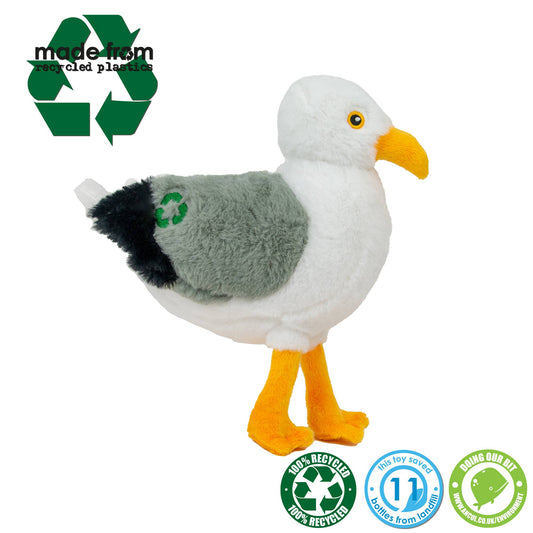 Plush seagull toy with recycling symbols on a white background