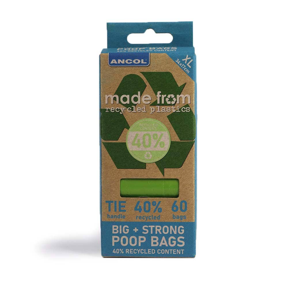 Box of Ancol big and strong poop bags made from recycled plastics on a white background