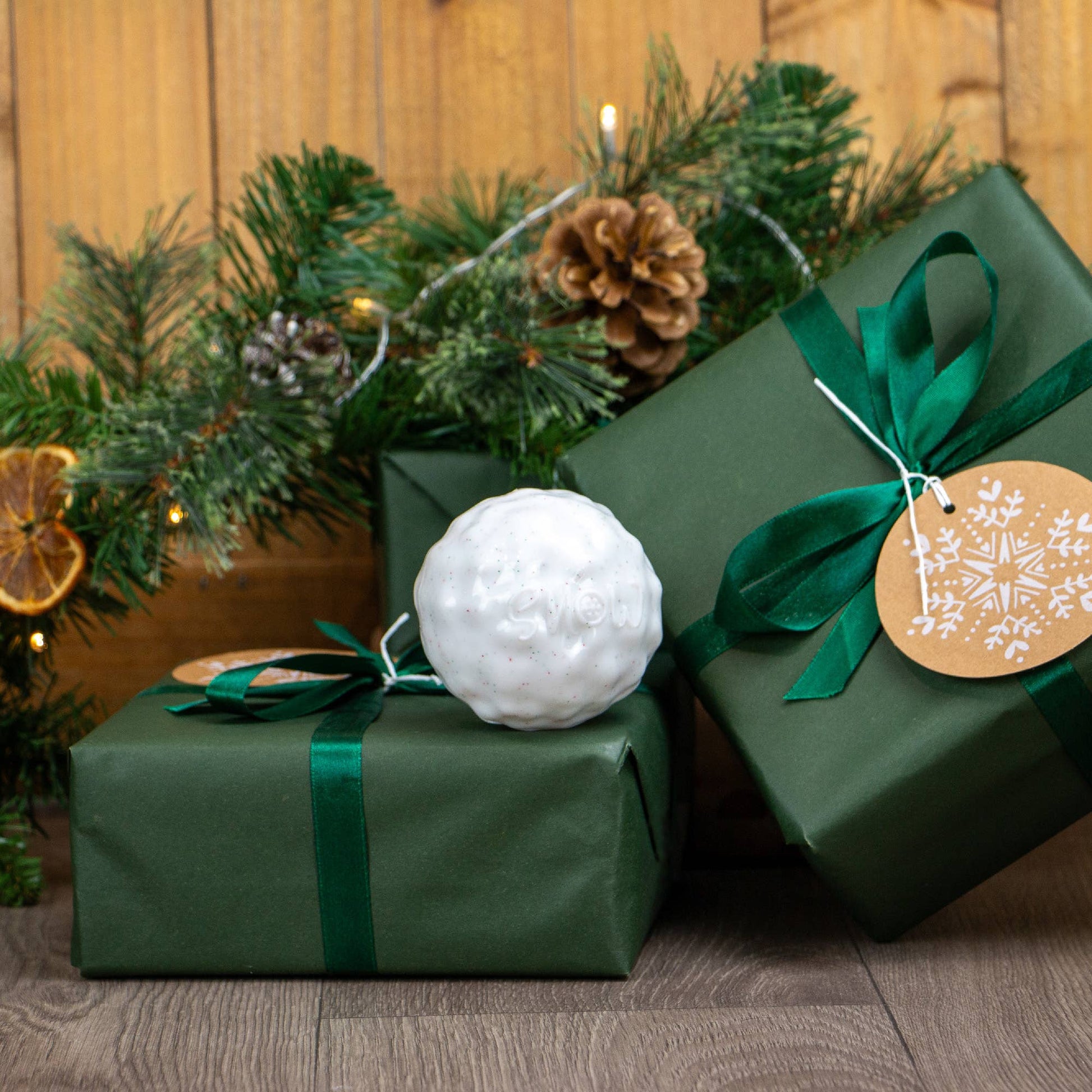 Christmas bouncy snowball dog toy shown with festive display rope