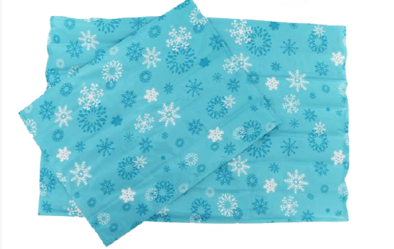 Ice Paws Cooling Mat with blue snowflake design, gel-filled pad for keeping dogs cool in hot weather.