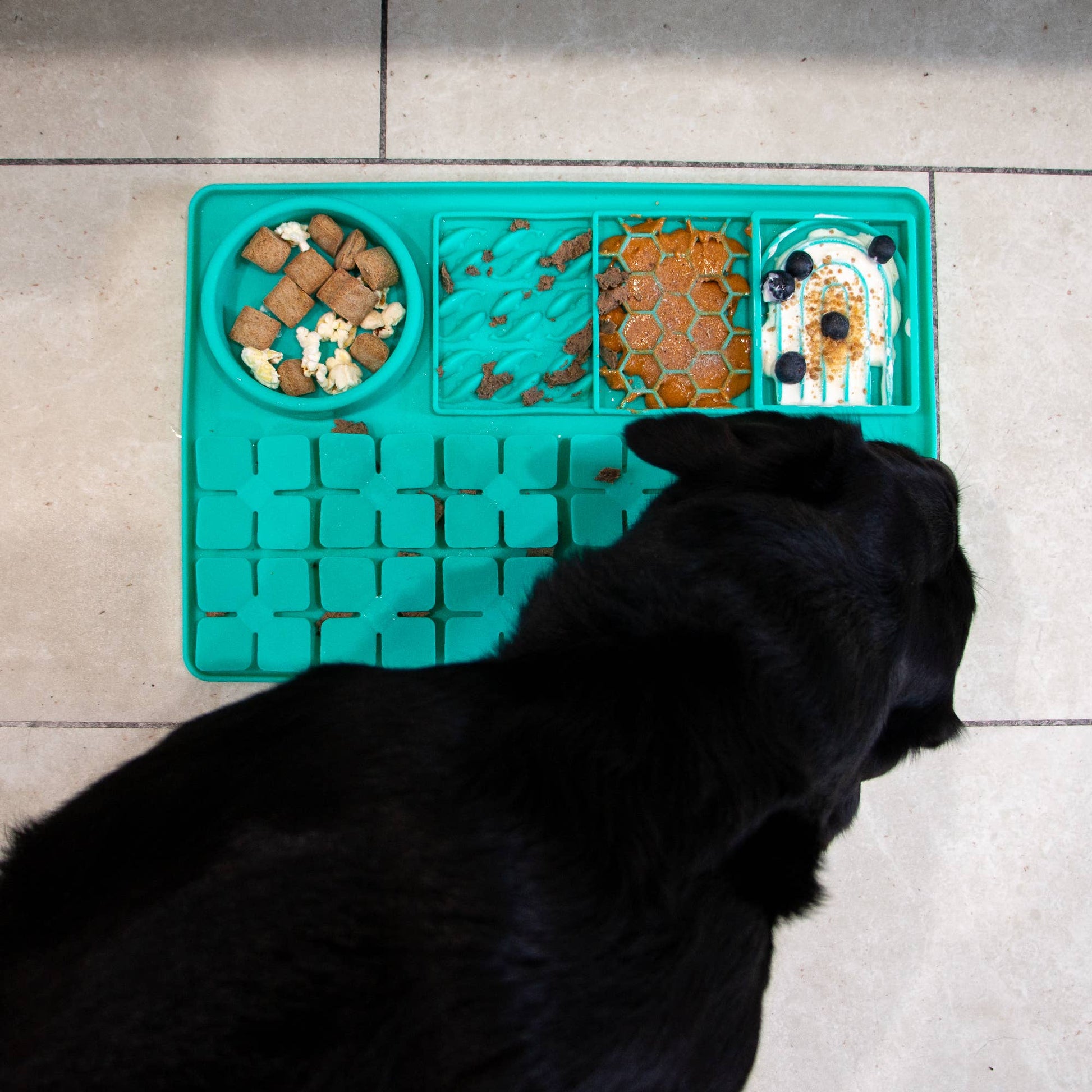 Dog interacting with textured anti-gulp lick mat for dogs with freezer-safe design