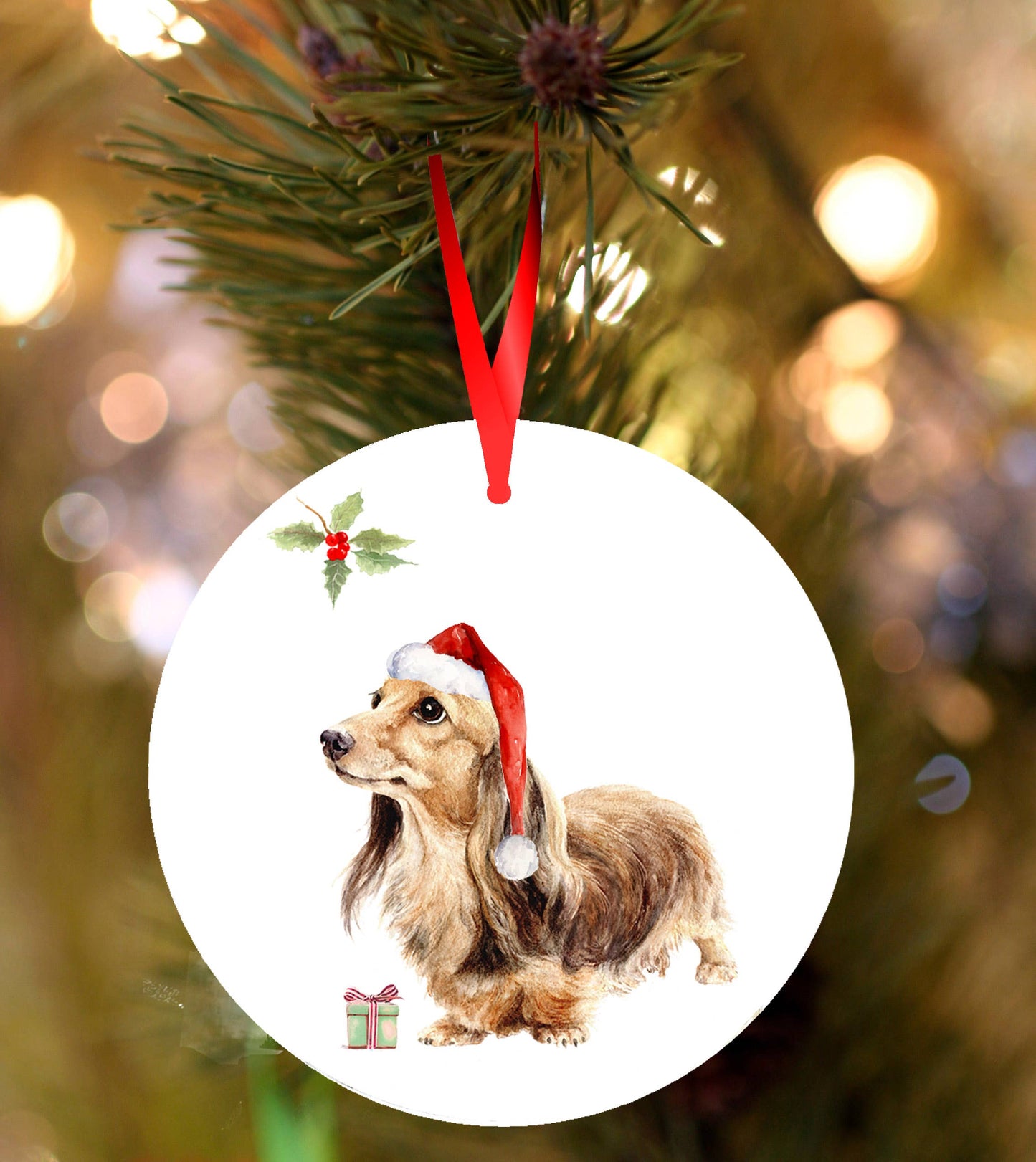 Dachshund Christmas decoration, Lily design, ceramic hanging bauble
