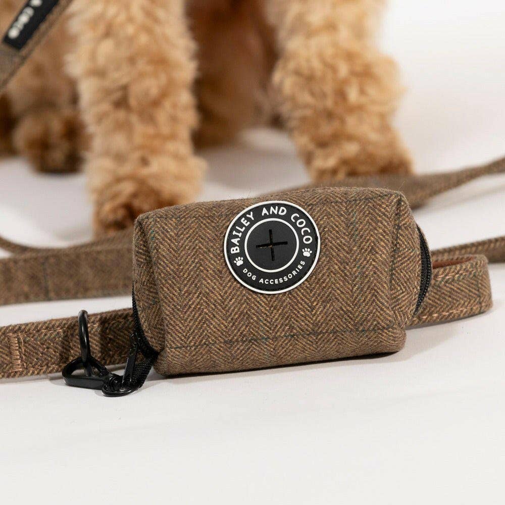 Oxford Tweed poo bag holder clipped to dog lead D-ring — Bailey and Coco walk accessory in wool mix tweed