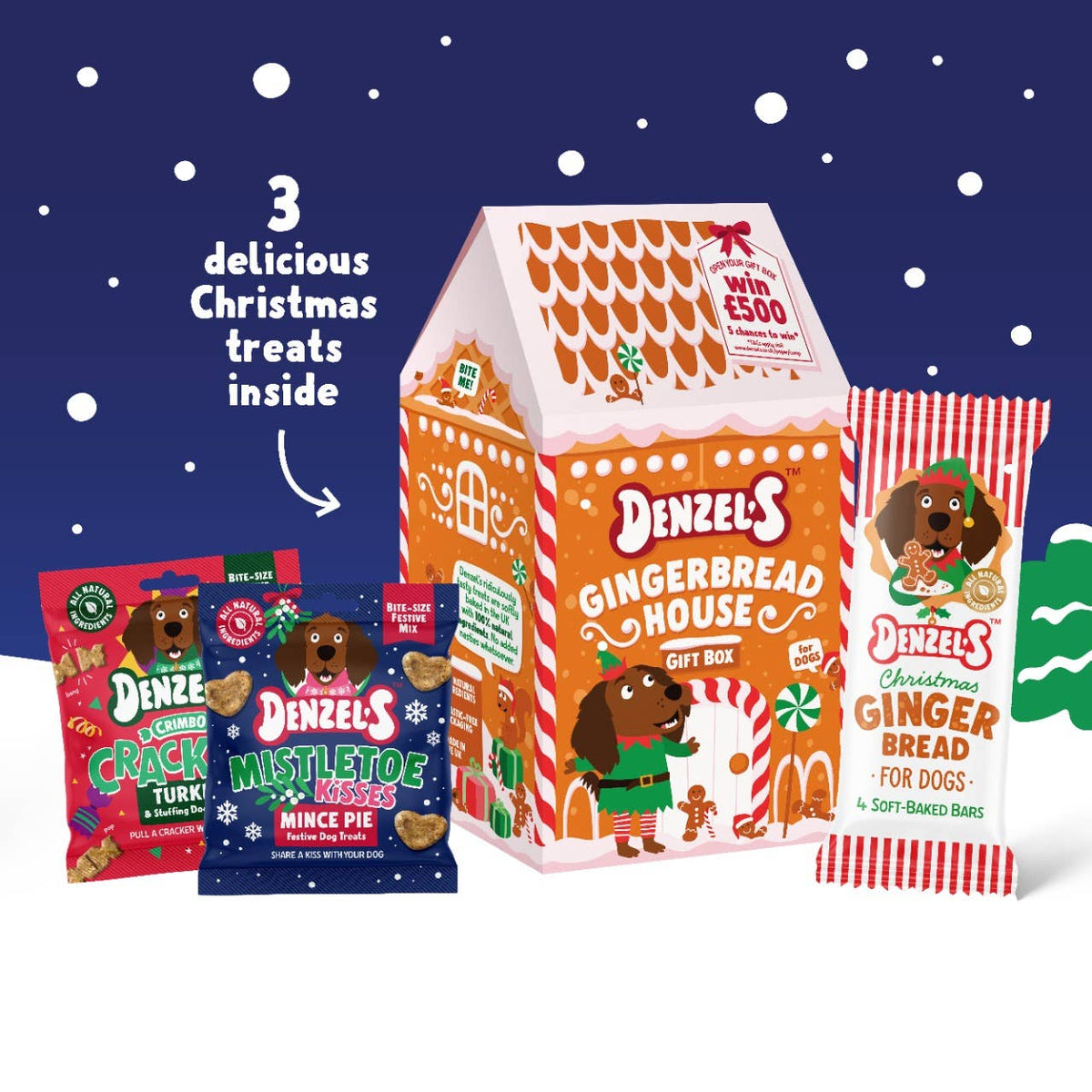 Contents of Denzel's Gingerbread House dog gift box