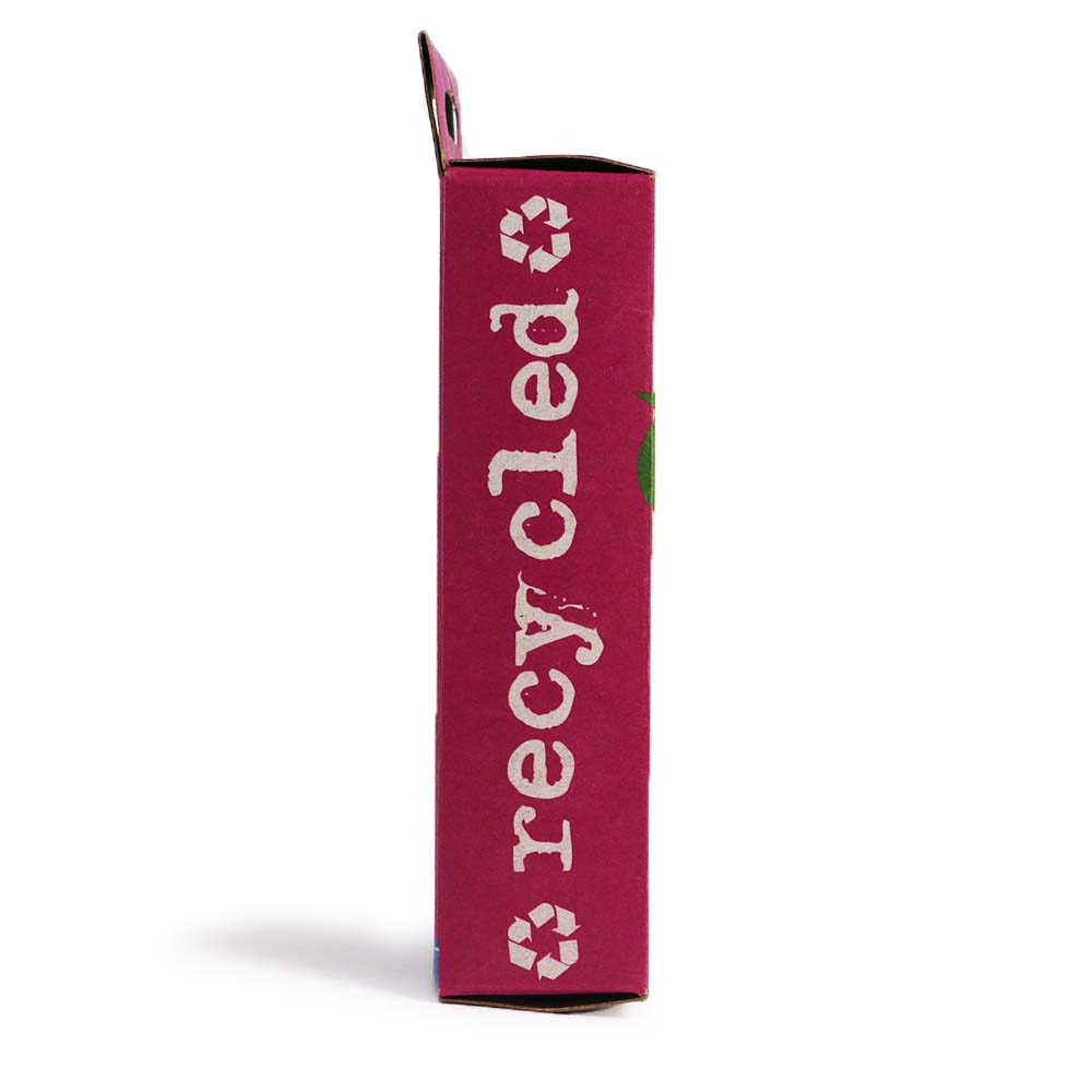 Red product packaging with 'recycled' text on a white background