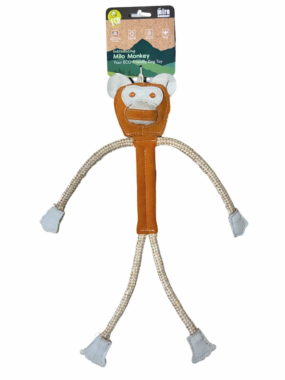 Miro & Makauri Milo Monkey eco leather dog toy detail — natural jute rope and coconut-fibre filling, available in Green and Rust