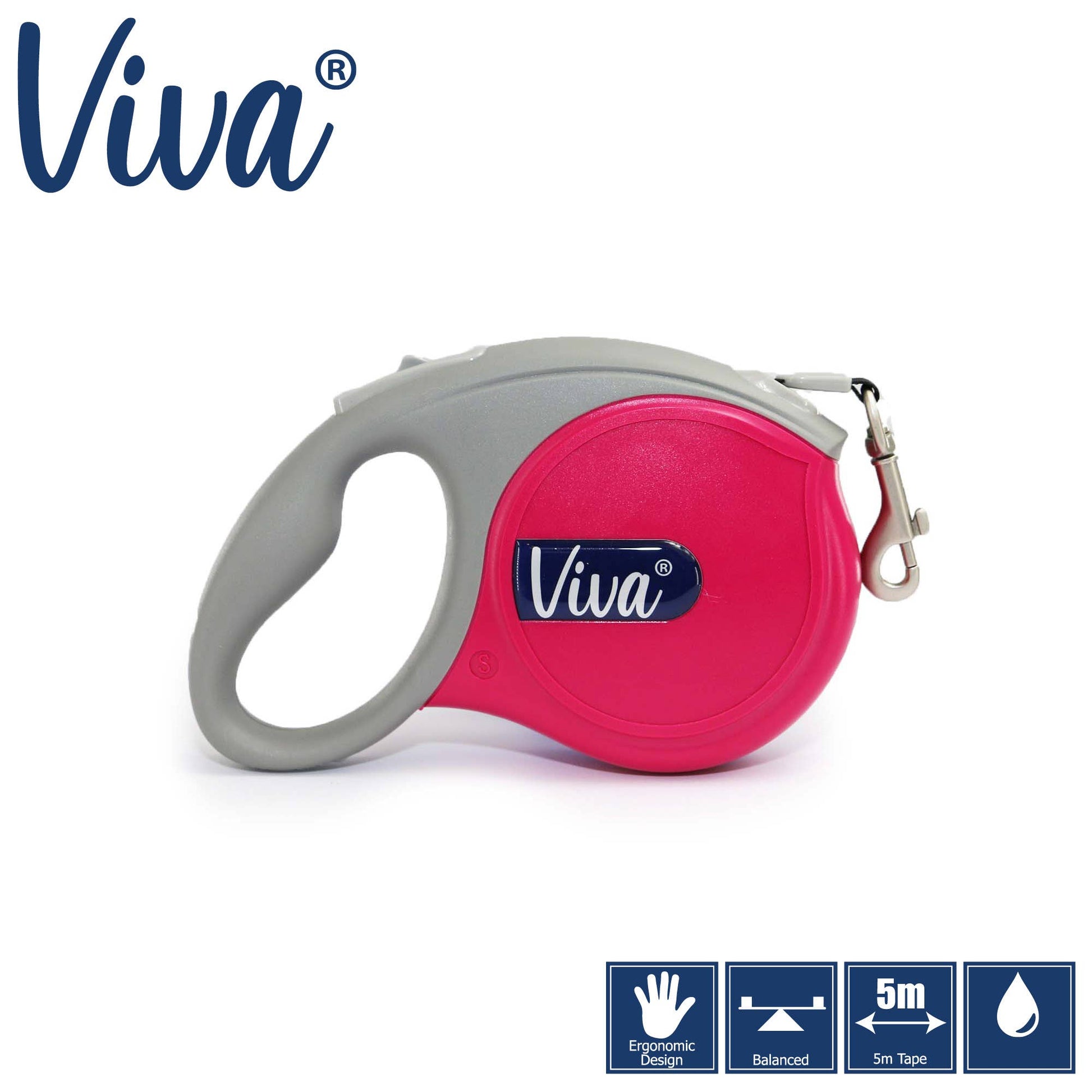 Viva Retracting Tape Dog Leads in six colours – black, red, pink, blue, lime, and purple, retractable 5m leads.