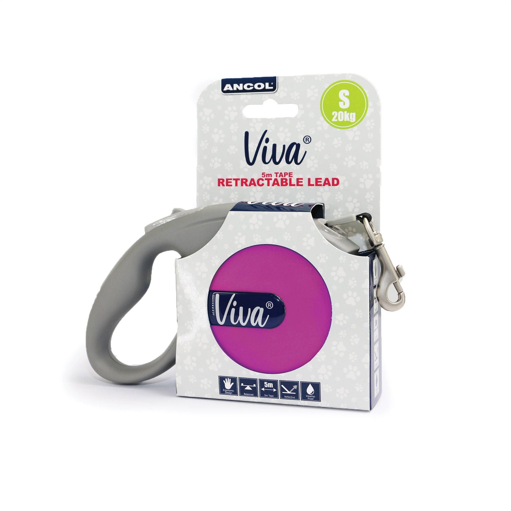 Viva retractable dog lead with packaging on a white background