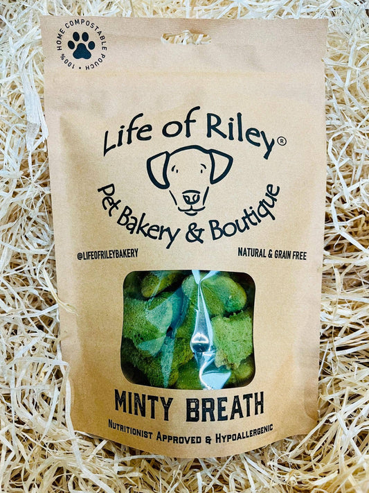 Minty Breath Bones dog treats in a retail pack , grain-free dental chews with natural mint flavour for fresh breath.