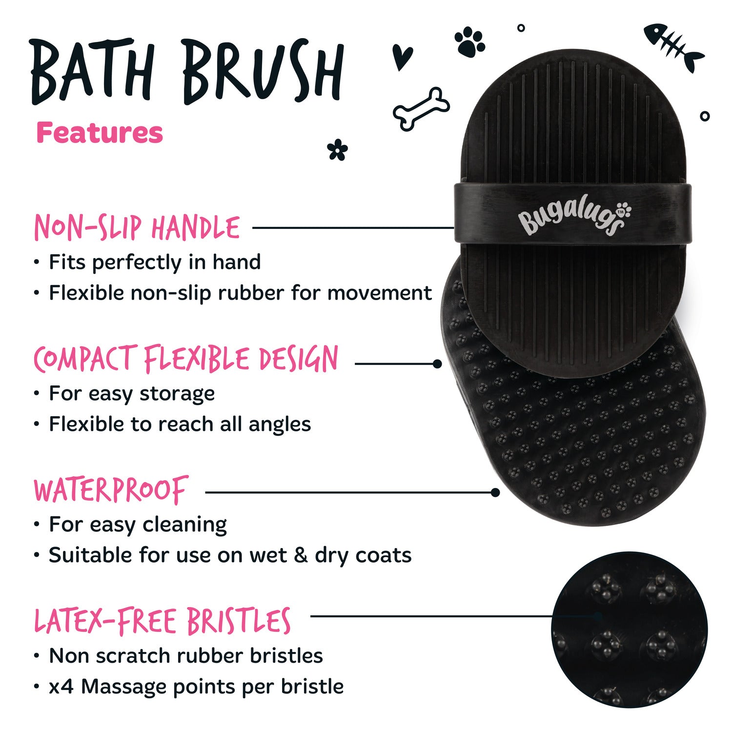 Bugalugs Bath Brush features — latex-free silicone bristles and non-slip handle