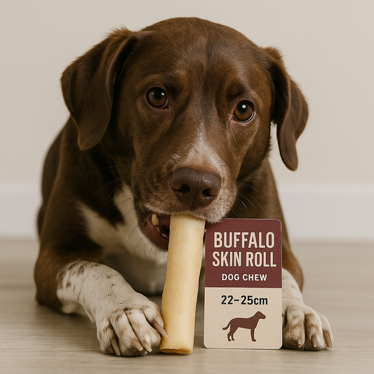 A medium-sized brown and white dog chewing on a 22–25cm Buffalo Skin Roll Dog Chew while lying on a wooden floor, with a labeled product card displayed in front.