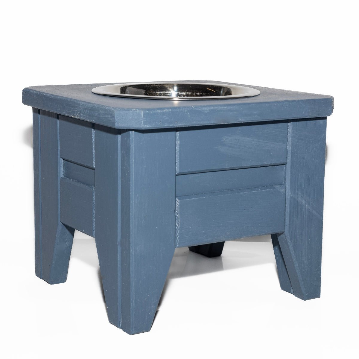 Handmade single raised dog bowl stand, Short 20cm height, with a removable stainless steel bowl — alternative view