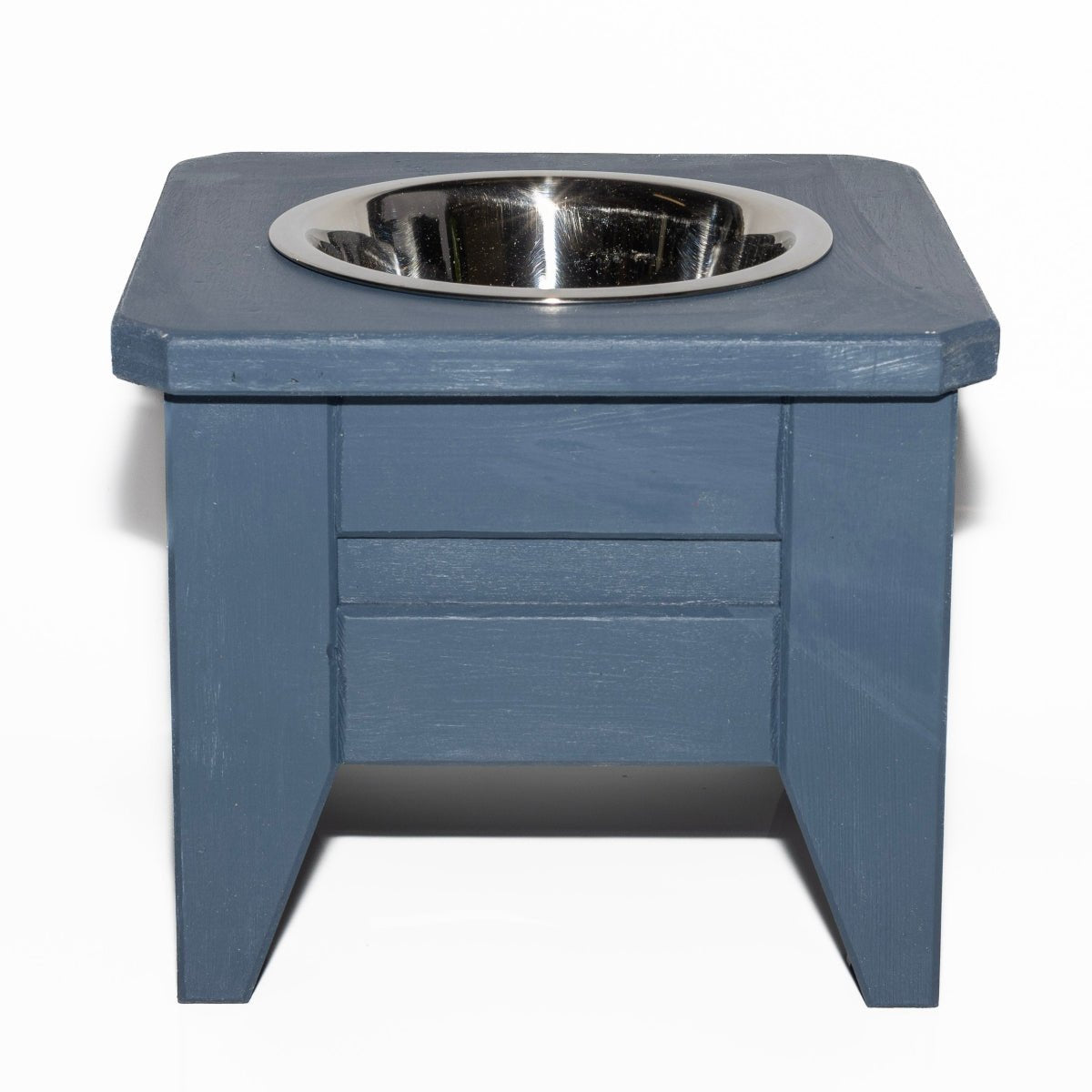 Handmade single raised dog bowl stand, Short 20cm height, with a removable stainless steel bowl — alternative view