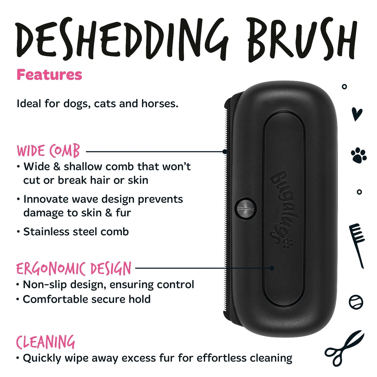 Bugalugs Deshedding Brush features — wide stainless steel comb and ergonomic handle